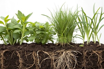 botanical illustration of various green plants growing together in harmony with soil and roots, plant life, flora, natural world, roots, foliage