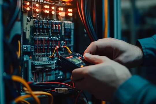 Electrician inspecting industrial computer components with modern equipment and digital multimeter