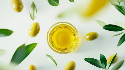 Fresh Green Olives and Olive Oil in a Glass Bowl Surrounded by Leaves on a Light Background, Evoking Health and Mediterranean Cuisine