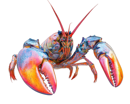 Lobster with its large claws and segmented tail, resting on its legs on transparent background