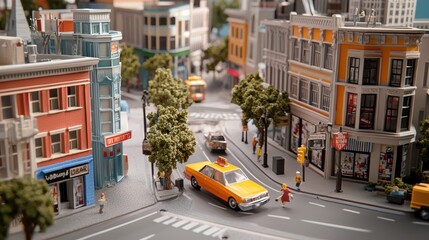 Matchbox model city with detailed storefronts, matchstick trees, and hand-drawn street signs,...