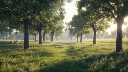Obraz premium trees integrated with crops A demonstration of agroforestry on a regenerative farm, with trees and crops growing side by side, improving biodiversity and carbon capture.