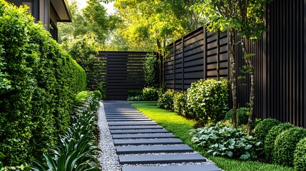 Sleek black horizontal fence complements lush garden landscaping with abundant greenery, modern concrete pathway, and tropical foliage in a minimalist zen garden atmosphere.