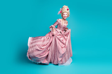 Full size portrait of young girl wear dress Marie Antoinette cosplay run empty space isolated on...