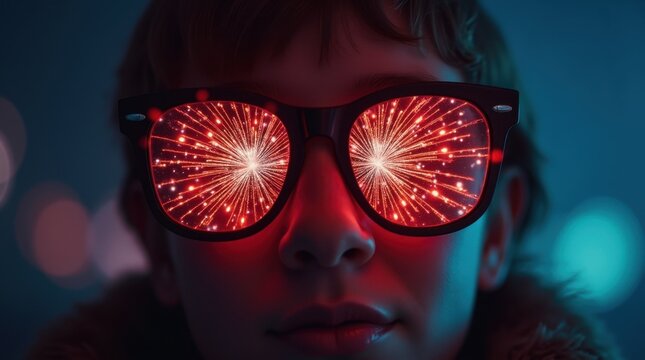 Person Wearing Reflective Sunglasses with Fireworks Reflection