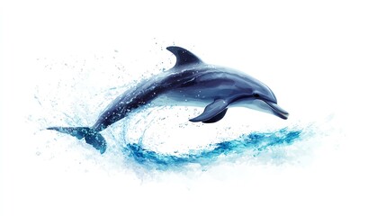 Fototapeta premium a 2D cartoon illustration of a dolphin jumping out of the water, joyful and playful, white background--ar 16:9