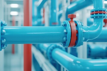 Process piping network in a cooling system, with blue and red insulated pipes clearly indicating hot and cold fluid flow, [Process piping], [temperature control system]
