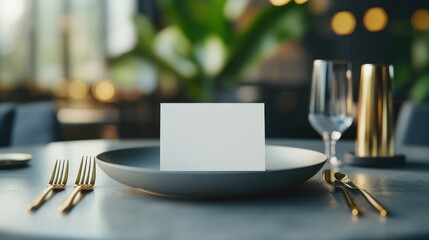 A blank card on a table with a plate and silverware in a restaurant.