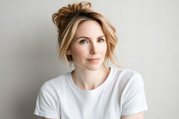 Fototapeta premium Timeless Portrait of a Young Woman with Natural Beauty, Messy Bun Hairstyle, and Casual White T-Shirt Against a Soft, Neutral Background