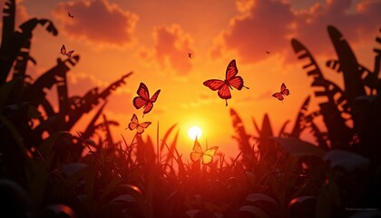 Butterflies flying at sunset over grassy field