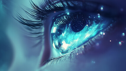 Cosmic Gaze: Shiny Eye Looking Up with a Galaxy-Inspired Iris