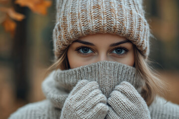A young woman in a cozy sweater and hat, hugging herself against the cold in a serene autumn forest, displaying warmth and comfort.