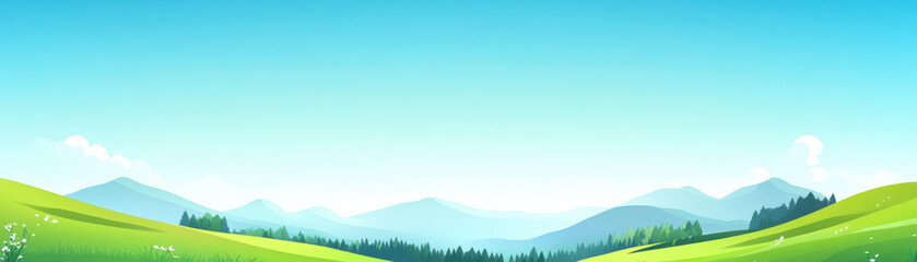 A serene landscape featuring lush green hills, rolling meadows, and distant mountains under a clear blue sky, ideal for nature-inspired themes.