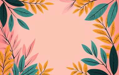 Stylish foliage frame with vibrant leaves in shades of green, orange, and pink surrounding a soft pastel background, perfect for invitations and decor.