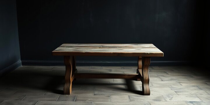 Old wooden table with a cracked surface sits alone in a dimly lit room, surrounded by dark walls and empty space, desolation, melancholy, woodentable
