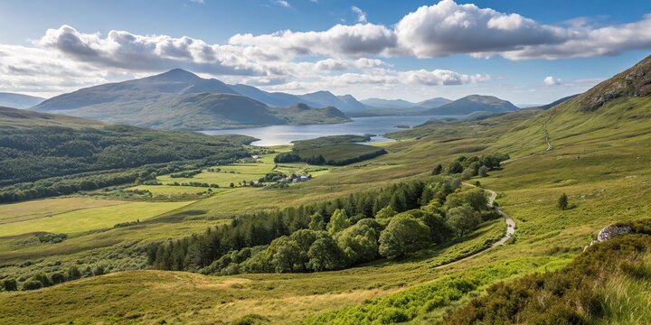 High angle shot of landscape in Poolewe Achnasheen Highlands Scotland, mountain peaks, wildflowers, rocky outcrops