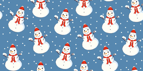 Christmas Seamless Pattern with Snowman and Falling Snow on a Blue Background. Holiday design perfect for wallpaper, banners, cards, packaging