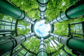 Industrial factory interwoven with green leaves showcases sustainable energy solutions against a bright blue sky from a wide-angle perspective