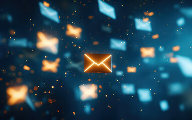 Obraz premium A dynamic digital illustration of glowing envelopes against a dark blue background, symbolizing communication and the exchange of messages.