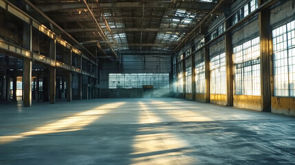 Obraz premium Spacious empty warehouse with high ceilings and industrial lighting for product demonstrations, showcasing a modern factory space ready for innovation