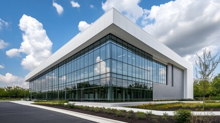 Modern data center building features clean industrial architecture with glass windows, surrounded by green landscaping under blue sky, showcasing minimalist design and sleek corporate facade.