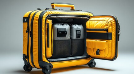 Yellow carry-on suitcase with open compartment revealing inner packing system, gray bags, zippered pockets, and black accents.