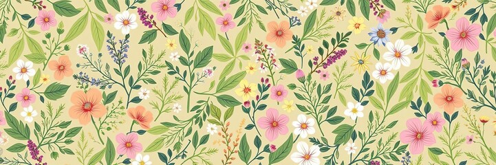 Herbal Floral Seamless Pattern with Various Leaves and Flowers Background for Designs, botanical illustrations, organic patterns, seamless floral pattern