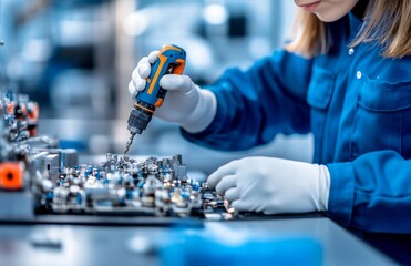 Technician assembles high-tech circuit board using precision screwdriver in advanced electronics workshop