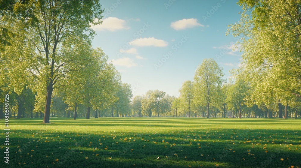 Poster A large, open field with trees in the background