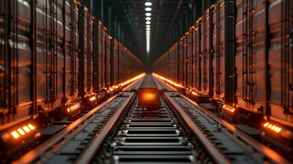 Obraz premium Supply Chain Management concept. A futuristic perspective of illuminated railway tracks lined with containers, creating a dramatic and technological atmosphere.
