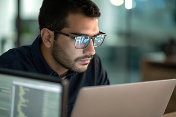 Focused man analyzing digital data reflections in glasses