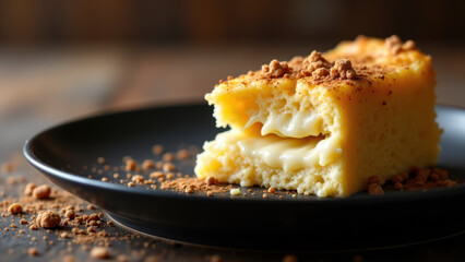 Delicious slice of Kunafa with cinnamon on a wooden table.
