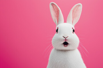 Obraz premium A cute, fluffy white rabbit with large ears and expressive eyes, set against a vibrant pink background, ideal for playful and whimsical designs.