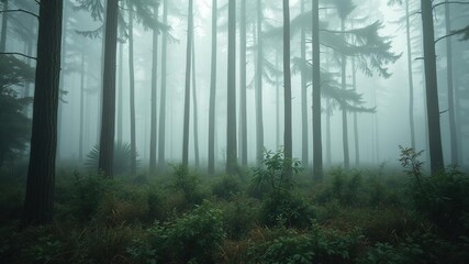 Fototapeta premium Soft focus on a misty forest with tall trees and overgrown underbrush, misty, natural world, outdoor setting