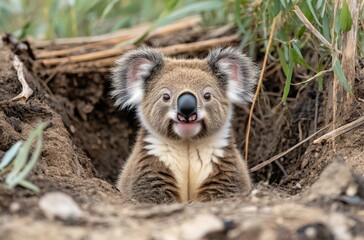 Fototapeta premium Curious koala peeks out from its burrow in the australian bush environment