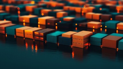 Obraz premium Supply Chain Management concept. Aerial view of colorful shipping containers arranged in rows, reflecting golden hues on water, highlighting logistics and maritime industry.