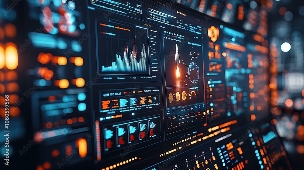 Poster futuristic dashboard displaying data and analytics related to space exploration.