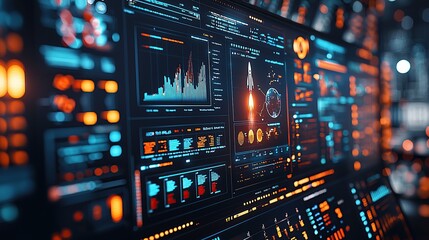 Obraz premium Futuristic dashboard displaying data and analytics related to space exploration.