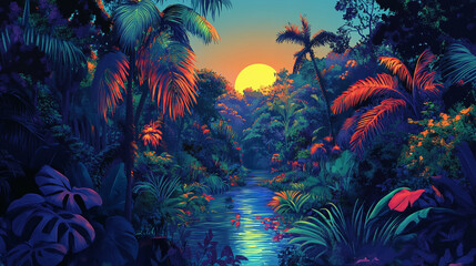 A lush green tropical rainforest with a variety of flowers and plants. The image is vibrant and full of life. 
