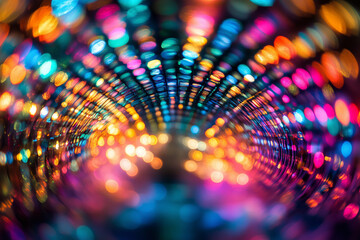 Obraz premium Close-up of a disco ball with colorful lights reflecting off its surface, creating vibrant patterns in a dark room.