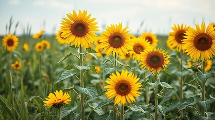 Obraz premium Sunflowers stand tall in a lush green meadow, peaceful atmosphere, soothing