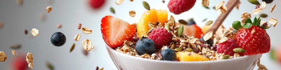 Fototapeta premium Exploded smoothie bowl with fruits, granola, and seeds scattered in mid-air, creating a vibrant, healthy explosion, [Food exploded], [health-focused food imagery]