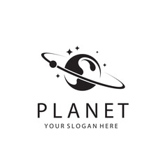 monochrome design of planet saturn with stars isolated on white background © Alexkava