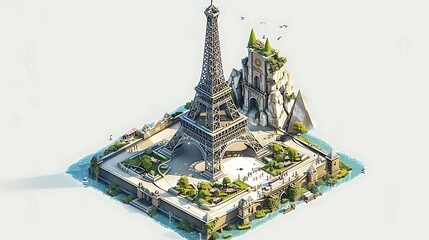 A stylized representation of the Eiffel Tower surrounded by greenery and water.