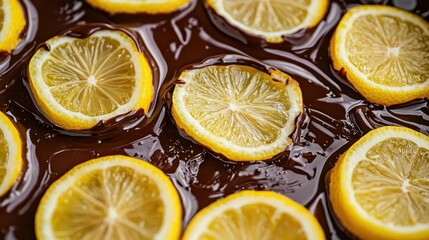 Candied lemon slices being dipped in dark chocolate, combining sweet and sour flavors in a delicious treat, [Candy lemon recipe], [chocolate-dipped lemon candy] ,closes up