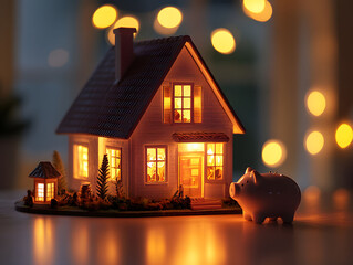 Piggy bank, coins, and money bags with house model and woman holding key, symbolizing financial goals..