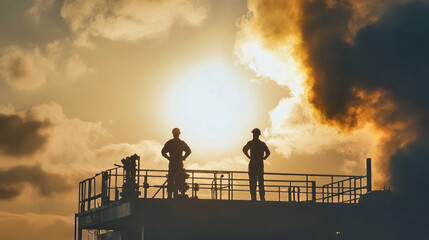 Silhouettes of oil workers on a drilling rig against a striking morning sky with sunbeams and smoke, captured from a low angle perspective