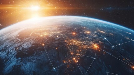 A view of Earth from space, showcasing illuminated cities and a network of connections.