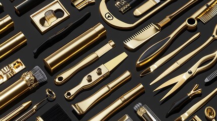 Fototapeta premium A collection of luxurious golden grooming tools arranged artistically on a dark background.
