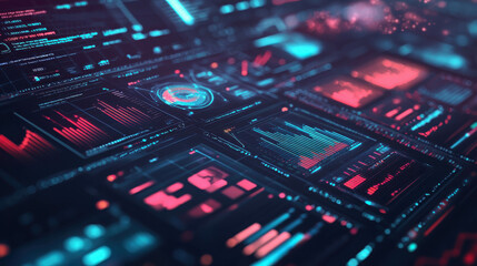 Obraz premium Abstract Visualization of High-Tech Data Analytics Displaying Colorful Graphs and Statistical Information in Digital Environment for Modern Business Insights